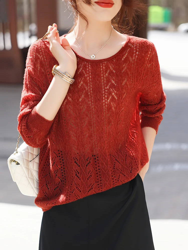 2025 Spring/Summer Arrival Hollow Out Oversize Womens Sweater Cashmere O-Neck Wool Loose Knitted Lady Clothes Fashion Trend 250411