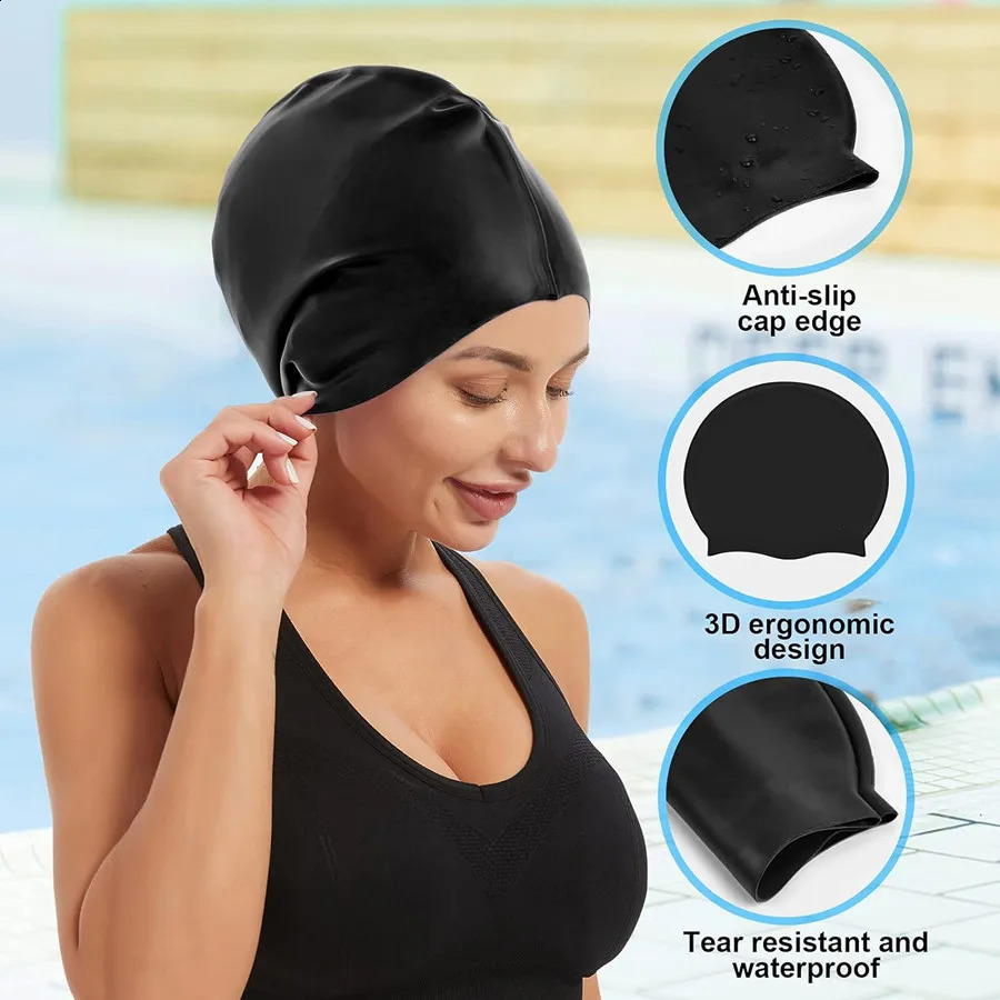 1pc Large Silicone Swimming CapWaterproof Silicone Swim Cap - ned For Long Hair Anti-Slip n Cap 250411