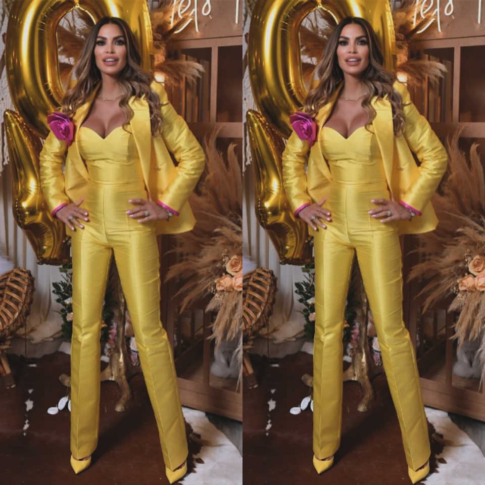 Yellow Satin Women Suits Ladies Leisure Flowers Fashion Wear Prom Birthday Party Customized Blazer Sets 3 Pieces