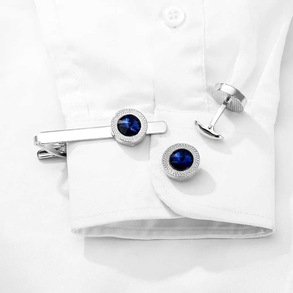 Texture Mens Blue Crystal Dustproof Round Cufflinks and Tie Clip Set Unique Whale Back Buckle Free ShippingT250412