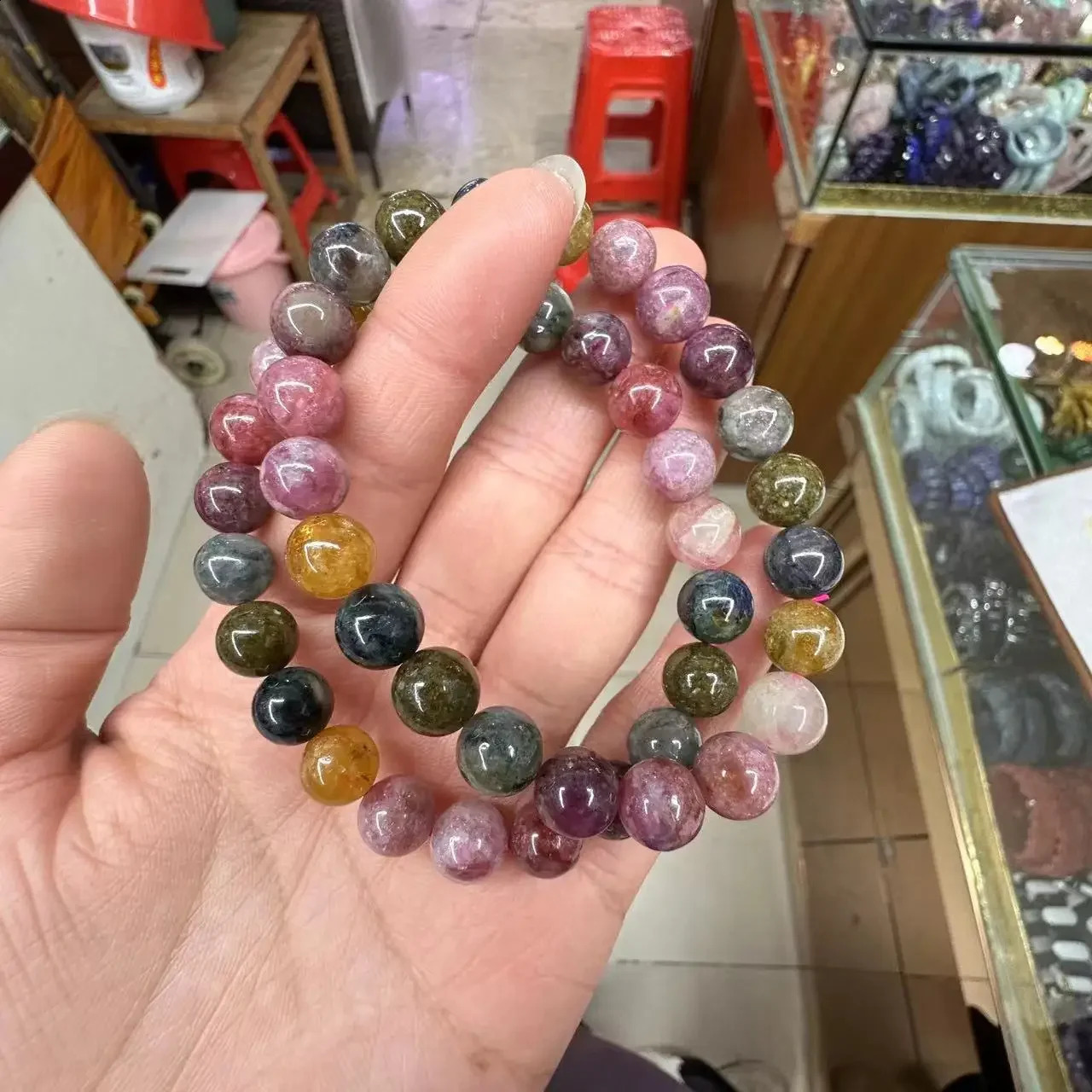 Natural colored tourmaline bracelet simple energy elastic bracelet academic magnetic on-site jewelry party gift wholesale 250409