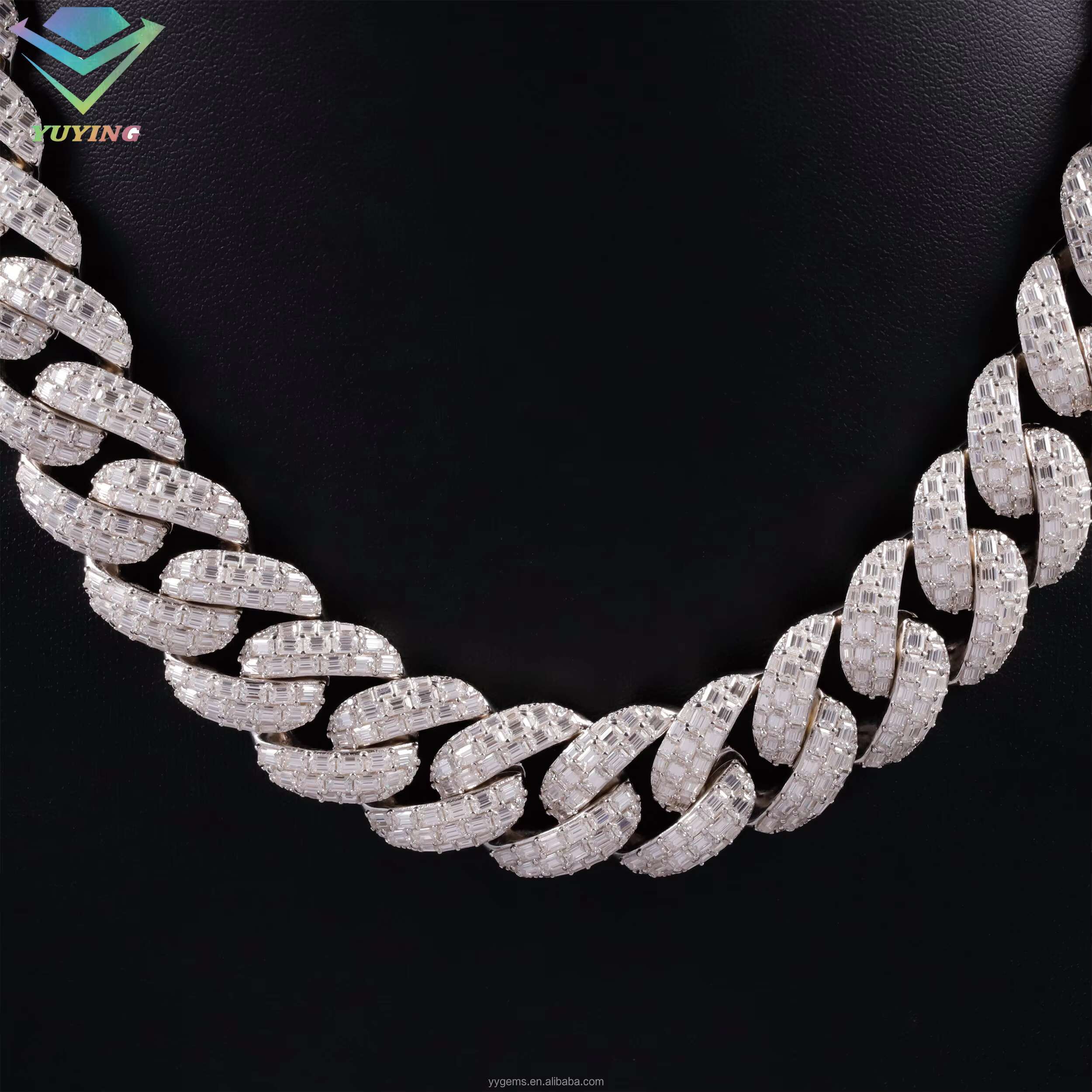 Yu Ying 20mm Baguettes VVS Moissanite Diamond Solid Silver Necklace Cuban Link Chain for Hiphop Jewelry