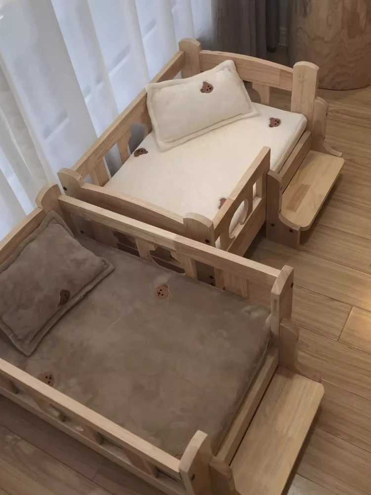 Solid wood pet bed wooden dog bed frame dog house furniture pet products bed frame elevated fence circular corner X250412
