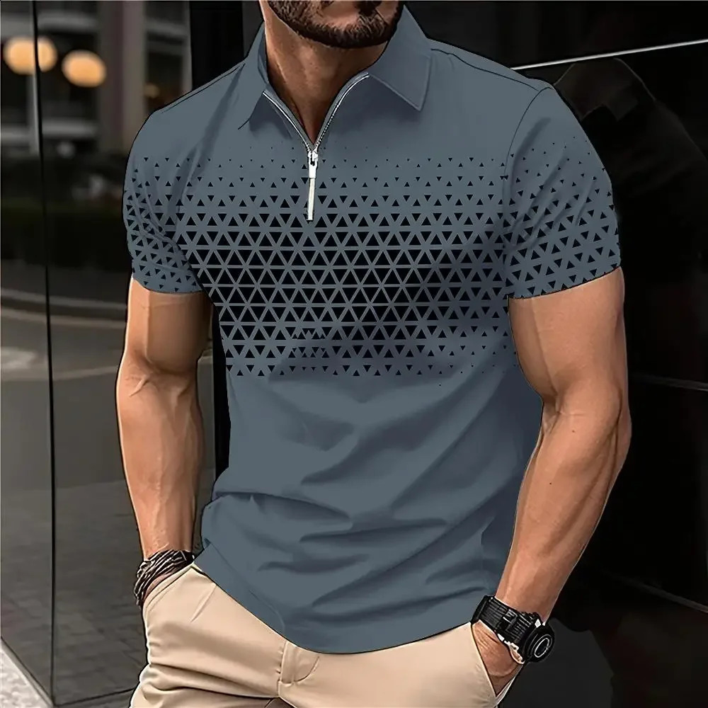summer mens T-shirt short sleeves lapel letters printed buttons striped polo tee fashionable zipper top 250411