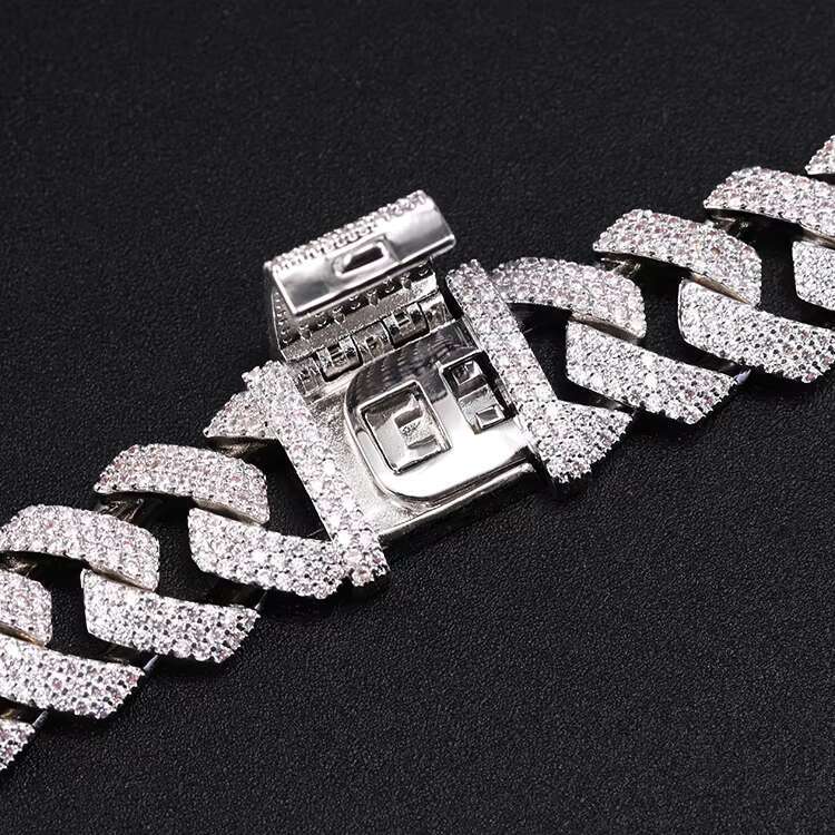 Miami Style 15mm 20mm Gold Plated Sterling Silver 3-Rows VVS D Color Moissanite Diamond Cuban Chain HipHop Jewelry Necklace