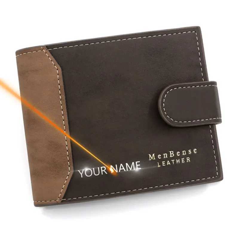 New mens wallet ultra-thin card holder PU leather name printing mens wallet mini photo holder three fold bag frosted mens wallet Z250411