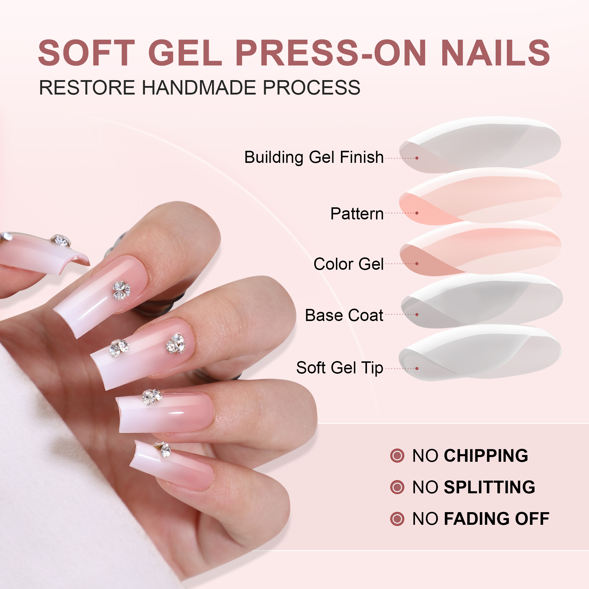 Gradient White Acrylic Press-On Nails - Set of 32 Long Coffin Shaped Nail Strips with Sparkling Diamonds