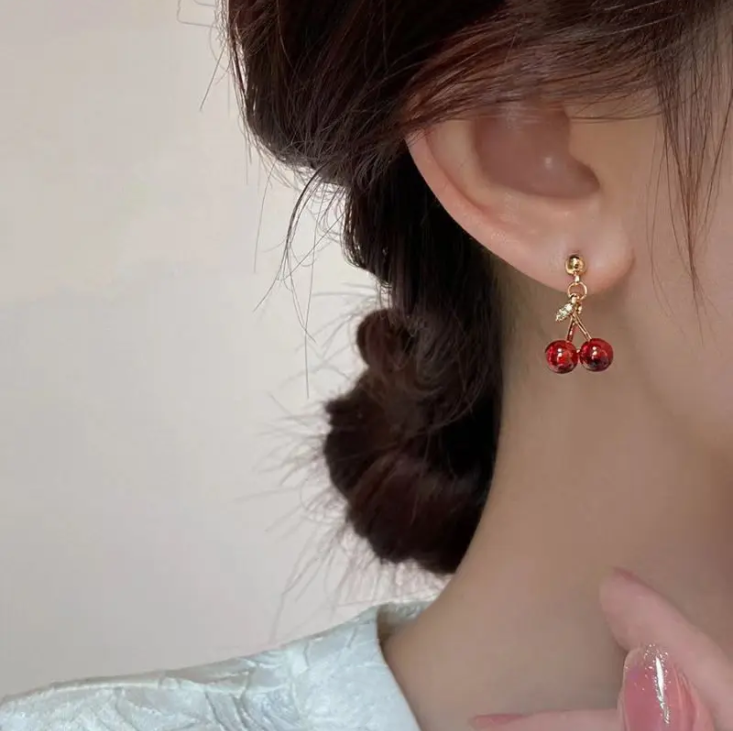 Two piece cherry themed jewelry set for women, including necklace and earrings
