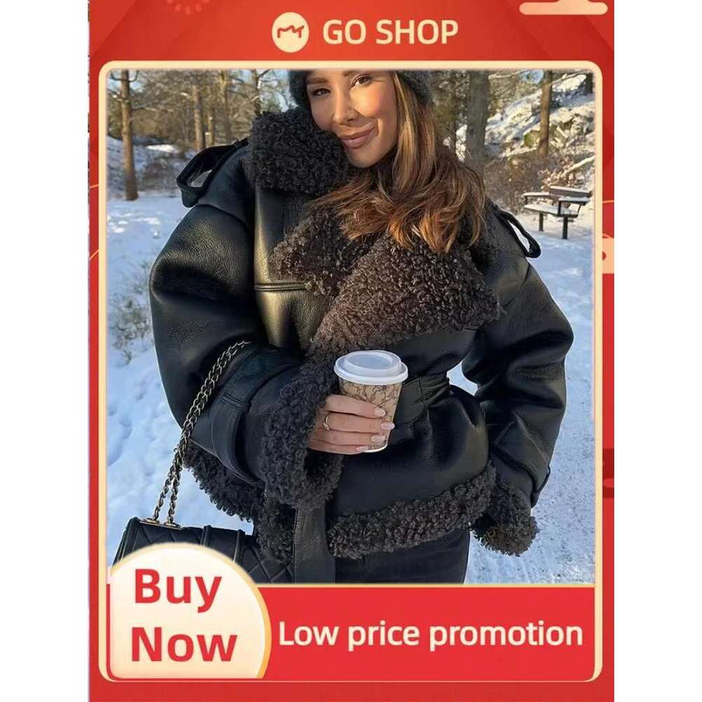 Vintage Patchwork Fur Leather Coats Women Lapel Lace Up Long Sleeve Thicken Warm Jacket 2025 Winter Lady New Streetwear Overcoat