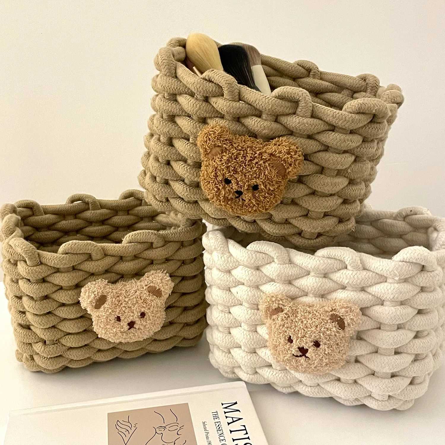 Ins Simple Fashion Bear Cotton Linen Woven Basket Desktop Storage Box and Sundries Storage Basket for He Dormitory Y251112