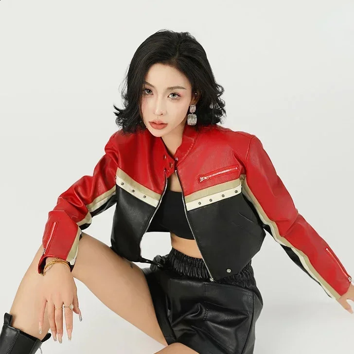 SpringAutumn Womens Fashion Punk Bike Core Color Block Zipper Stud Details Crop PU Leather Jacket Y2K Short Coat 250411