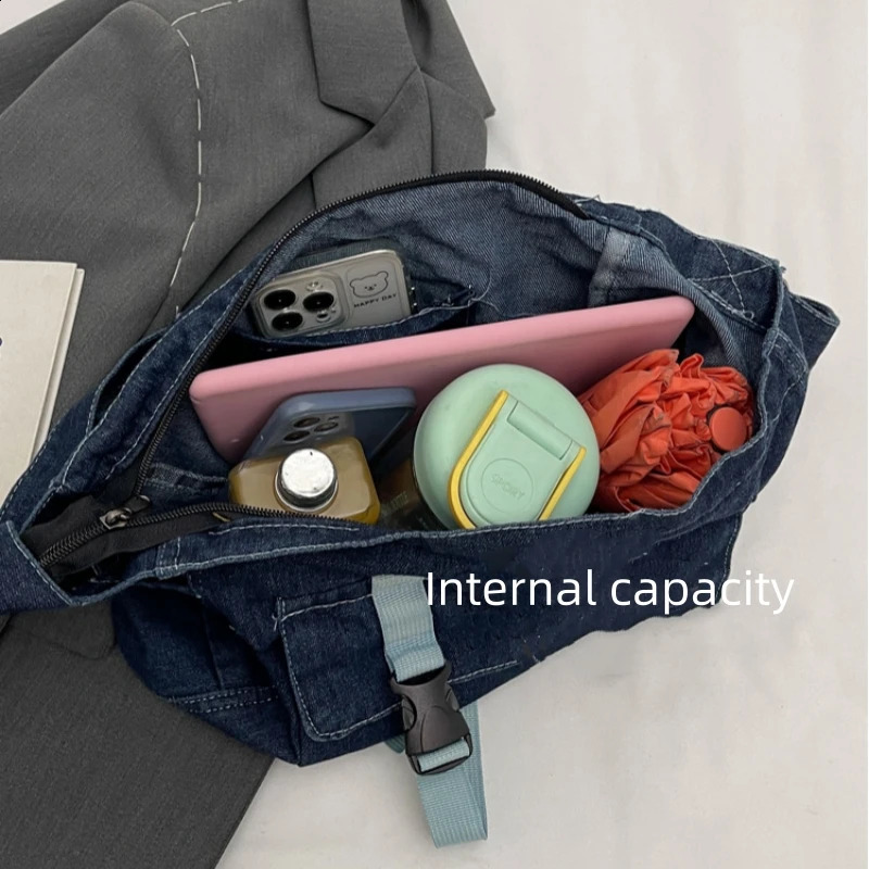 Large capacity denim messenger bag womens cross body bag student shoulder handbag 250411