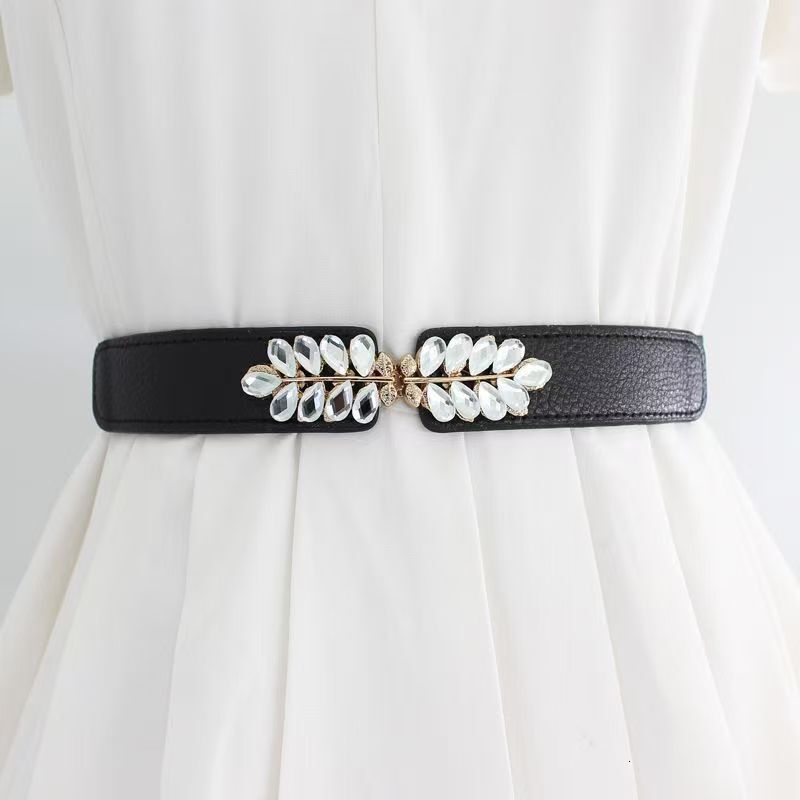 Crystal leaf wer decoration paired with skirt elastic and fashionable seal waist cinching slimming belt