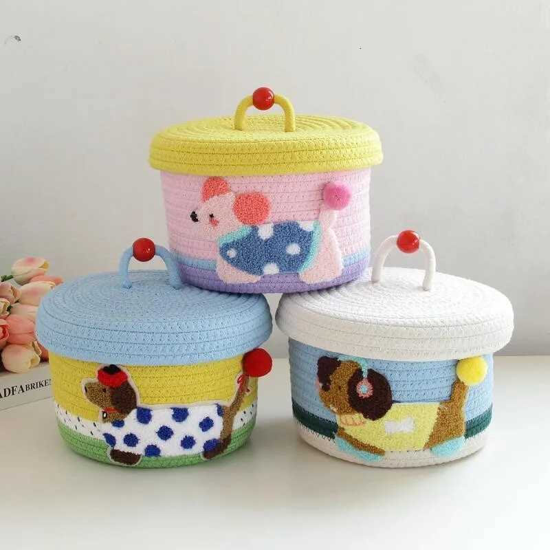 Cartoon Puppy Weaving Cotton Rope Storage Basket Hand Gift Box With Cover Round Snack Toy Organizer Box Y251112