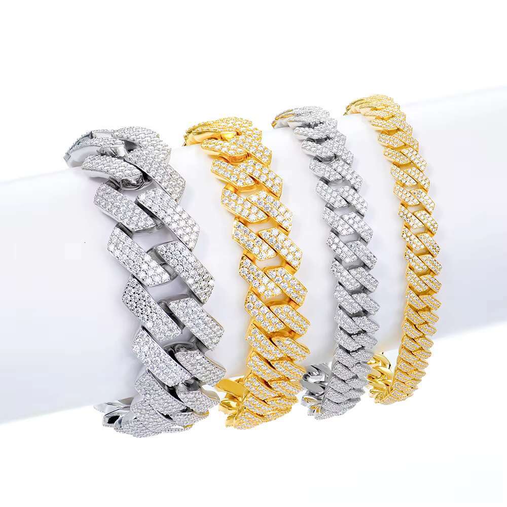 925 Sterling Silver With Full of Moissanite Stones Hip Hop Bracelet 8mm Width Prong Setting Cuban Link Bracelet for Men