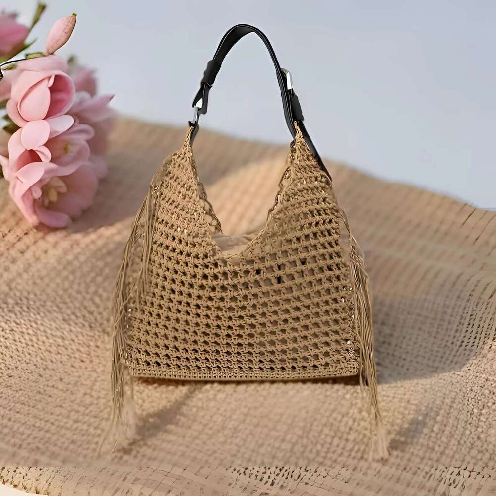 Natural Cotton Crochet Shoulder For Women - Large Capacity Handwoven Beach Bag With Tassels, Summer Fashion Shopper Tote