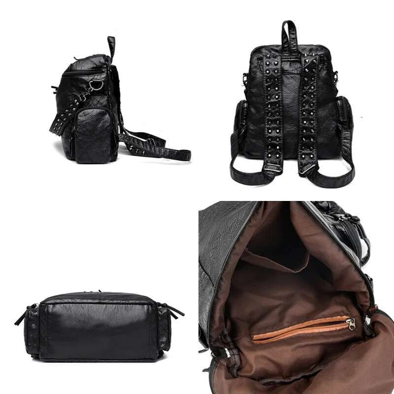 New Brand Woman Backpack High Quality Leather School Bags Rivet Moto Style Women Backpacks Vintage Soft Lady Shoulder Bag