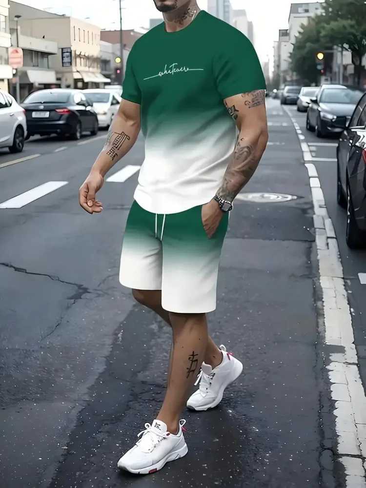 2025 Mens Short Sleeve Set Creative Letter Printing Gradient Color Summer Short Sleeve 2-piece Urban Fashion Street SetXJ250412