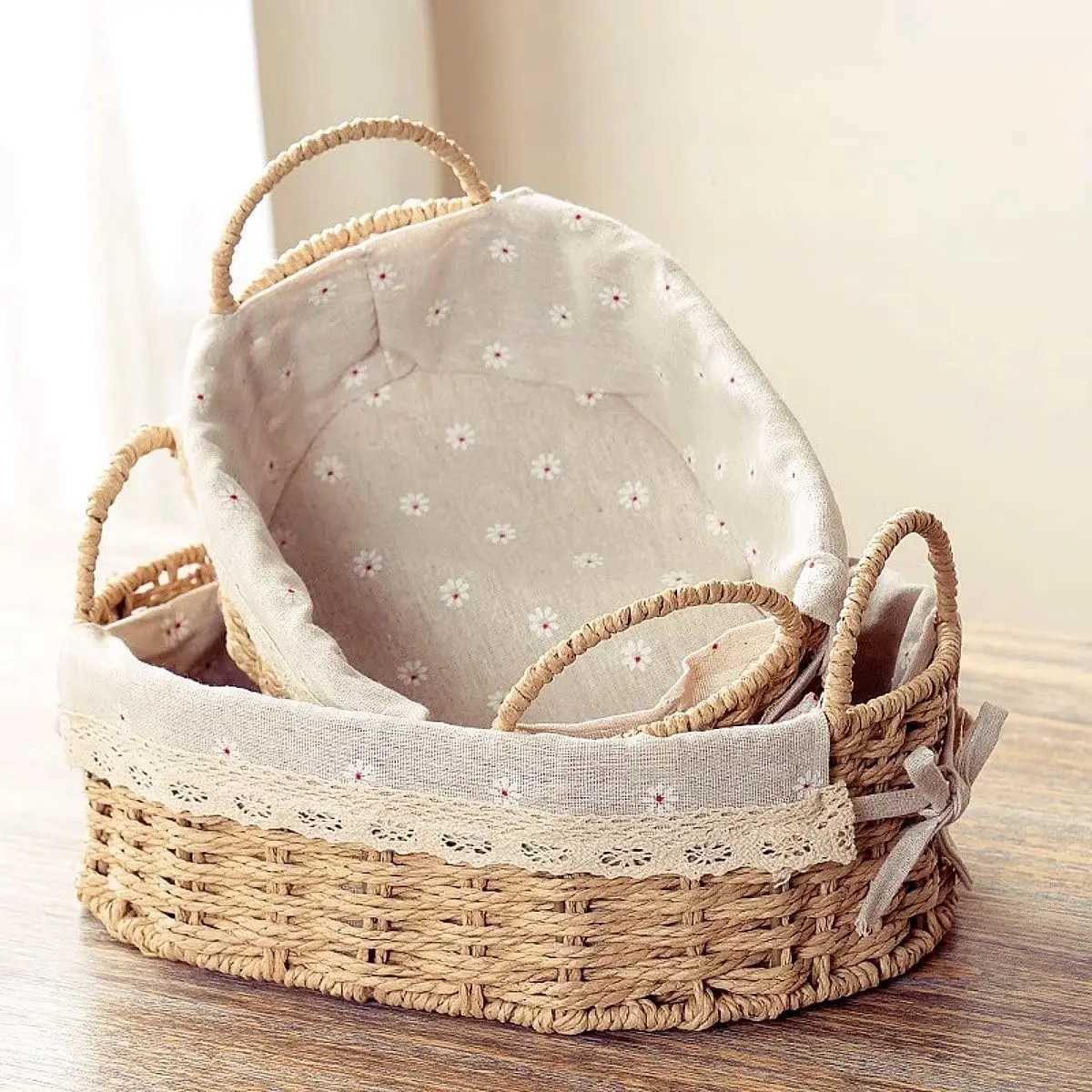 er Storage Baskets for Shelves Organizing Decorative Natural Paper Rope Woven Serving Baskets Trays with Handle Liner Y251112