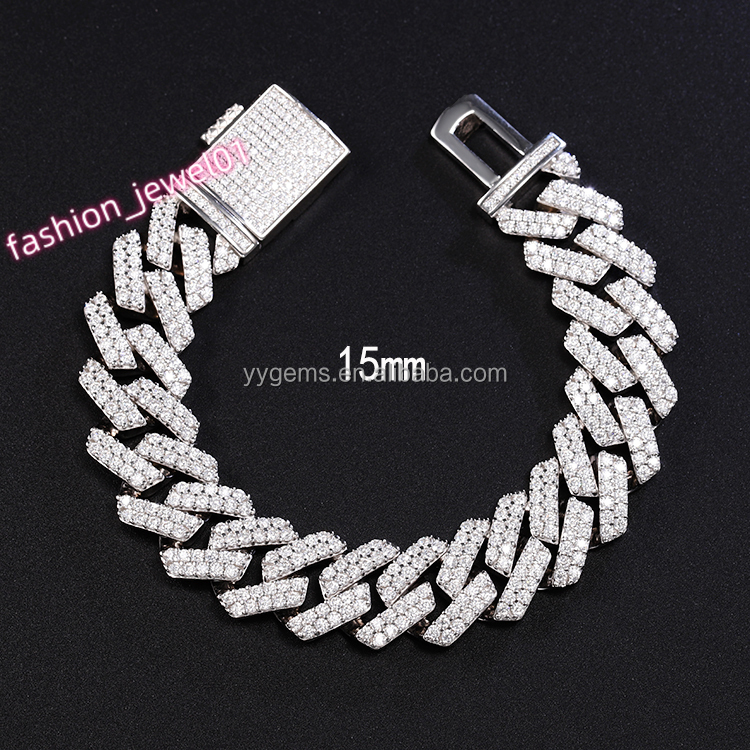 Hip Hop Jewelry 15mm Wide 2rows Cuban Link Chains VVS Moissanite White Gold Plated 925 Sterling Silver Cuban Bracelets