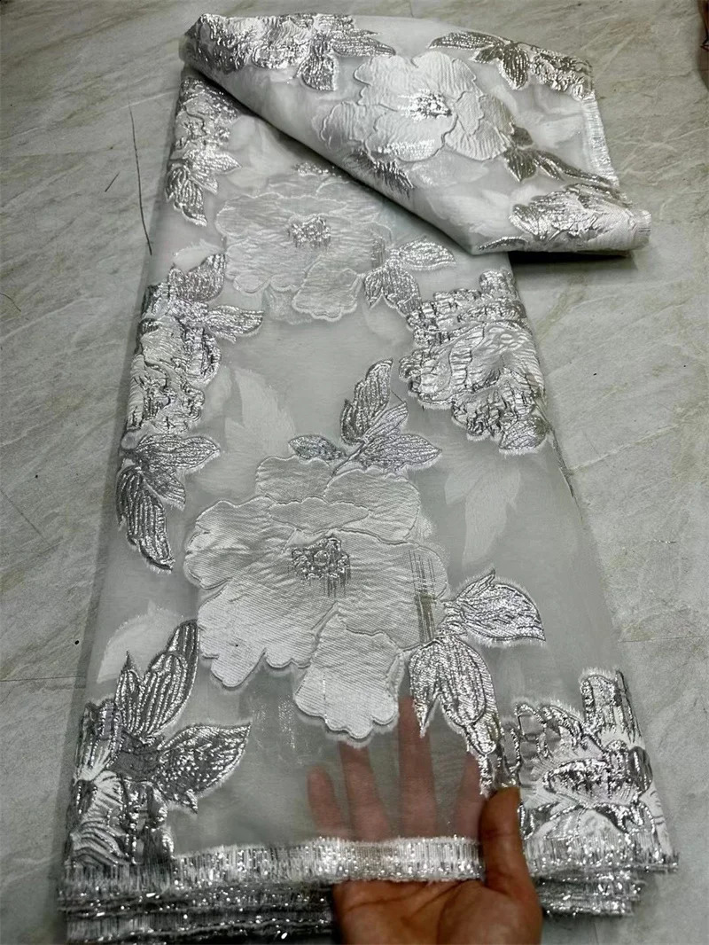 African Jacquard Organza Brocade Fabric 2024 Nigerian Damask Tulle Mesh Gilding Lace French Net Material Brocard Tissu 5Yard CJ6 250407