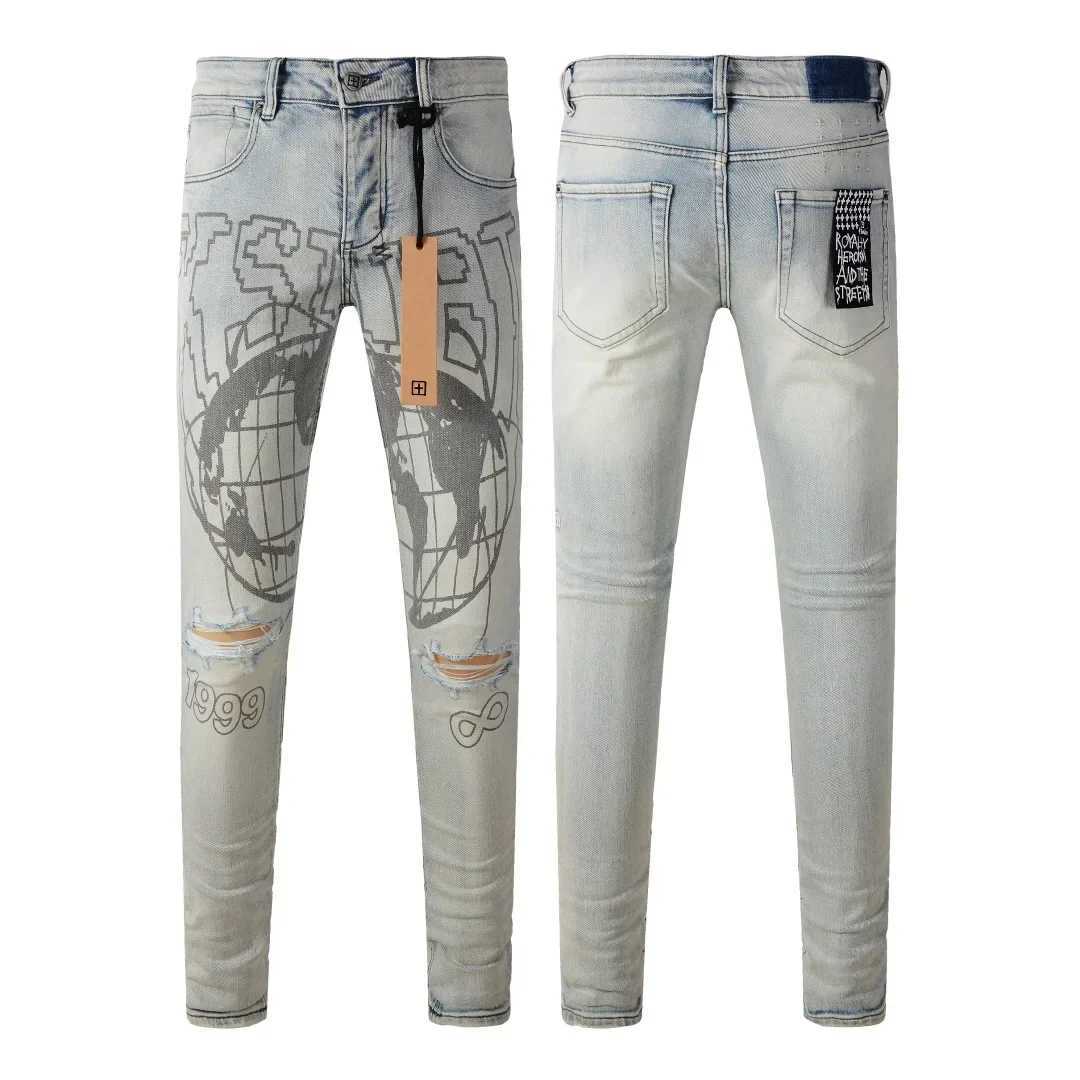 Newcomer US High Street KSUBI Cross Jeans Mens Distressed Blue Fashion Printed Elastic Tight Tear Hole Wear Jeans W250412