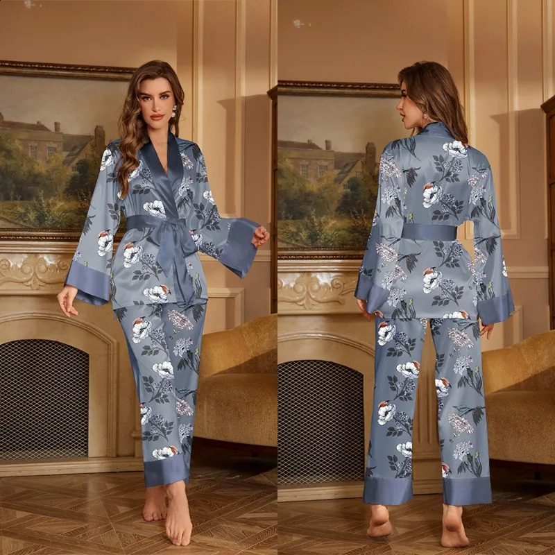 Ice Silk Pajamas Suit Autumn Summer Womens Long-sleeved Set Fashion Style Homewear Female Two-piece Sleepwear Female 250411