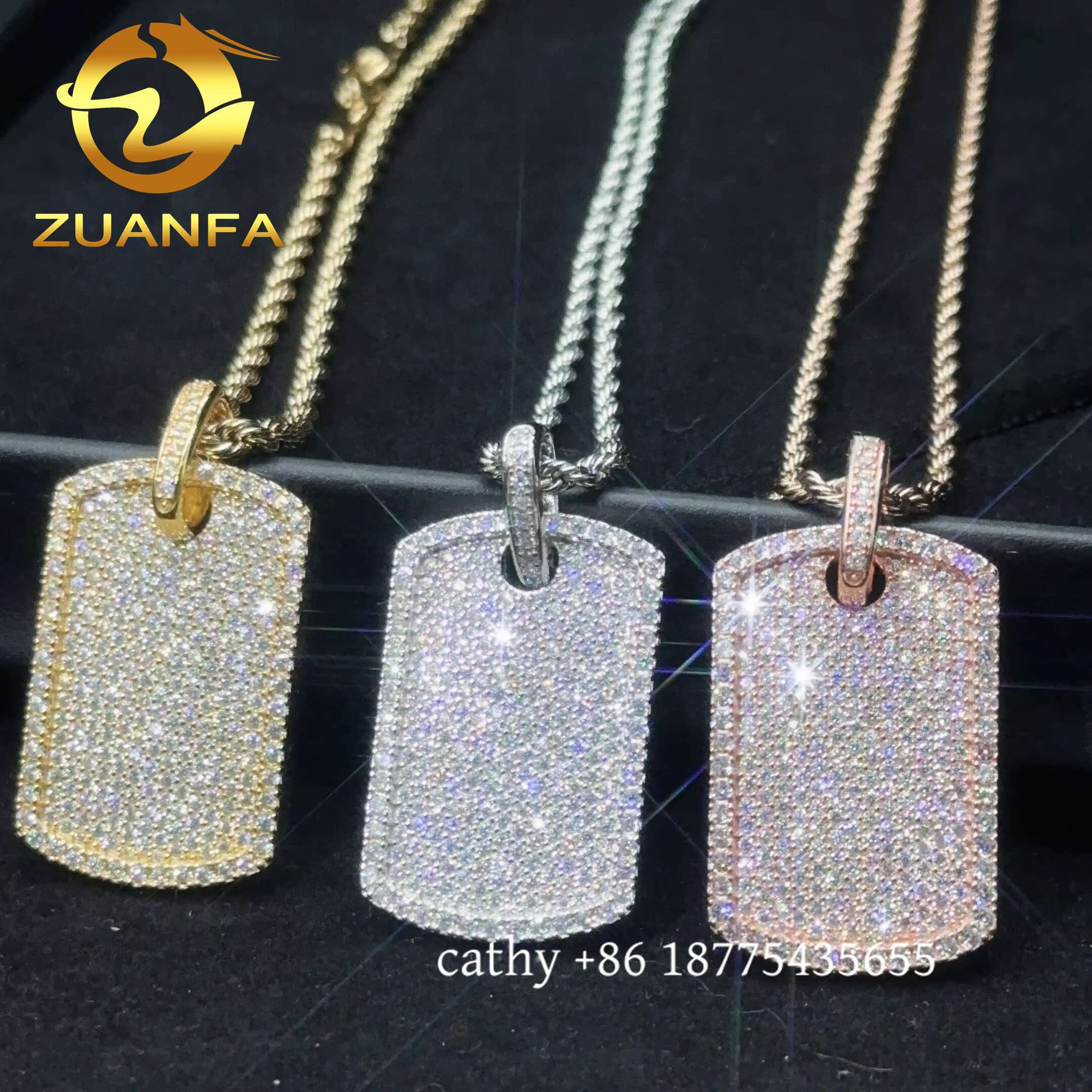 Ready to Ship Moissanite Hip Hop Jewelry Tag Iced Out Pendant Sterling Silver 925 Moissanite Dog Tag Pendant With Rope Chain