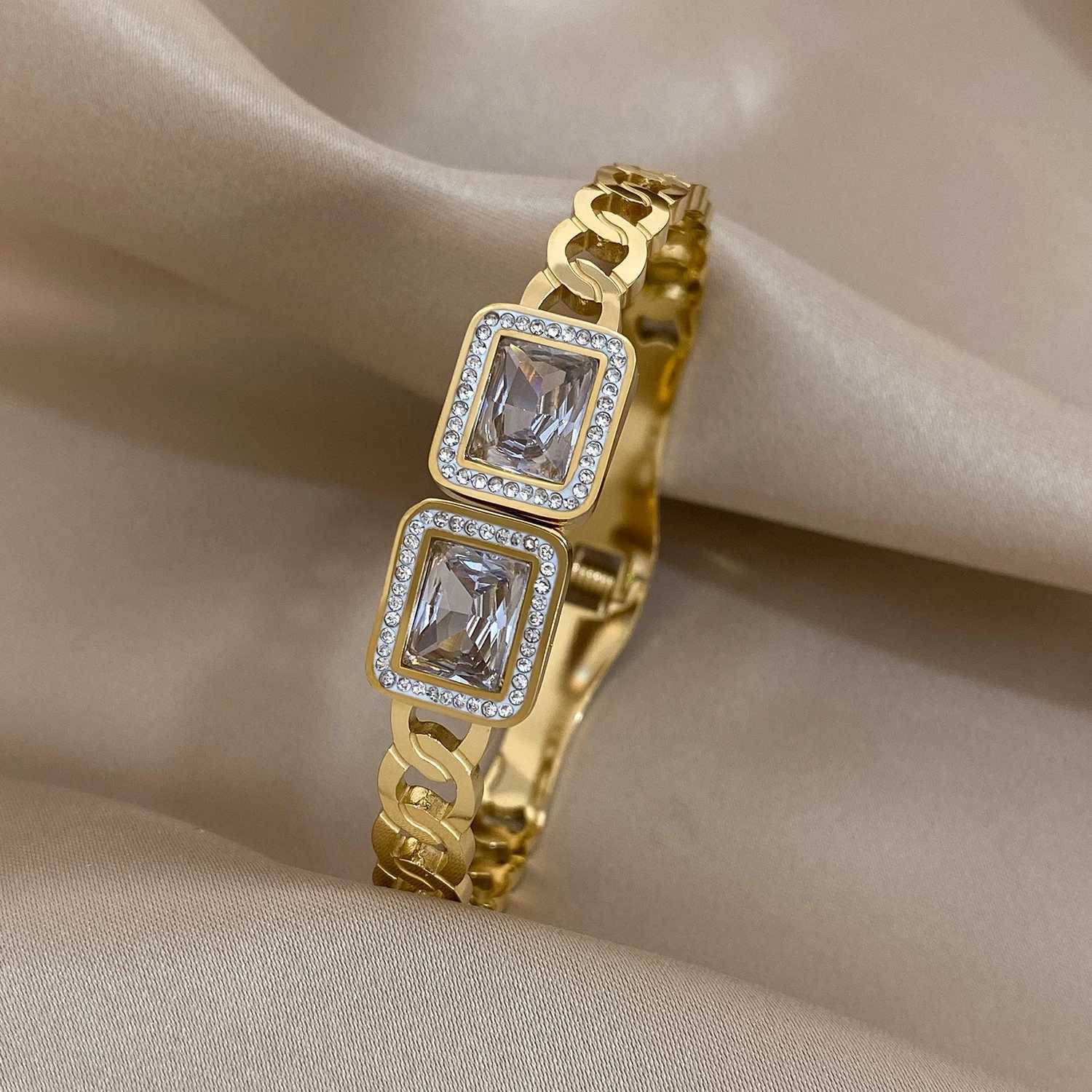 Flashbuy New Design Cubic Zircon Stainless Steel Bangles Bracelets for Women Geometric Gold Color Waterproof Fashion JewelryC250411