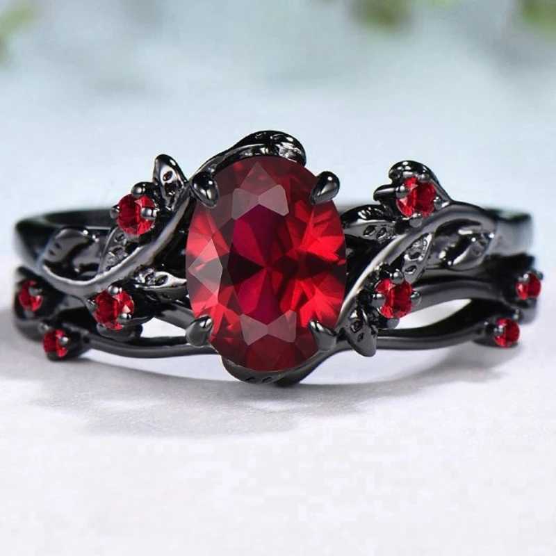 Elegant womens retro style inlaid ruby ring gun black rose branch cross two-piece set classic wedding fashion jewelryXJ250412