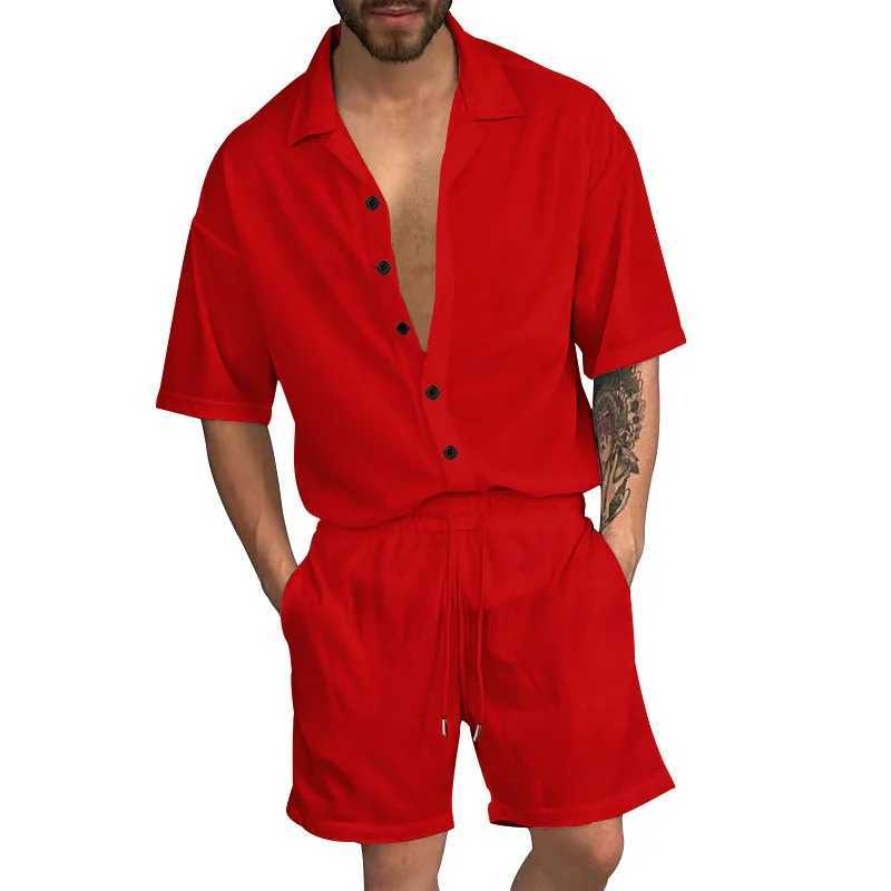European and American summer set mens casual collar solid color shirt button up cardigan short sleeved set mens styleXJ250412