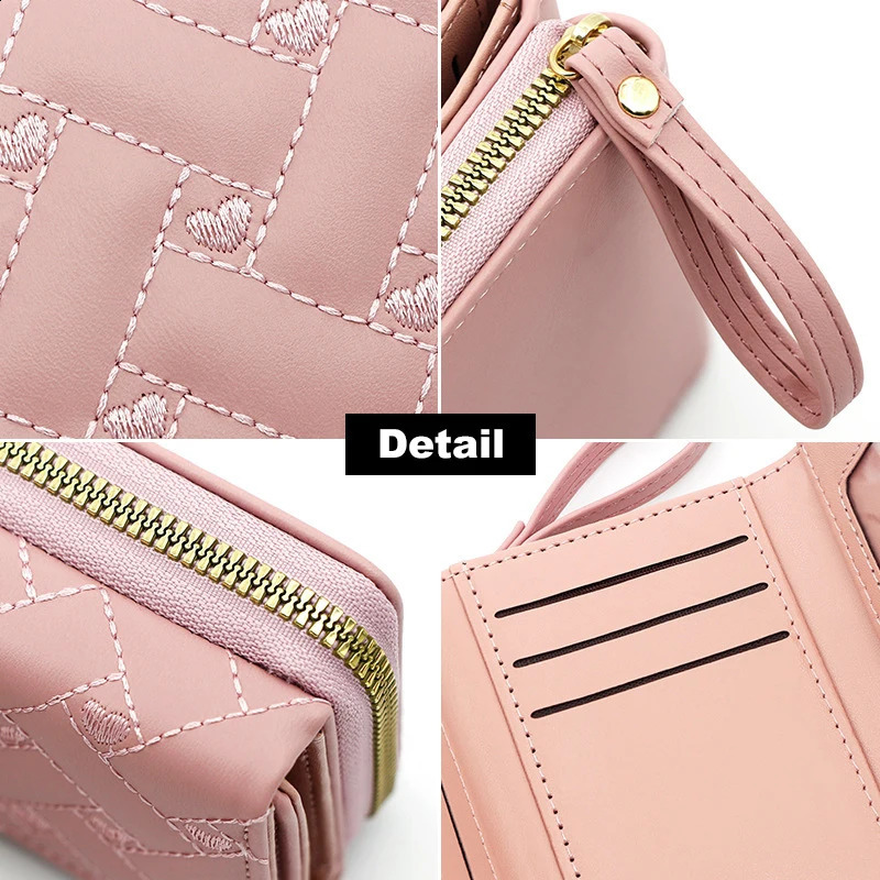 Womens large capacity cute wallet PU three fold card bag with multiple pockets short wallet fashion embroidery love pattern wallet 250411