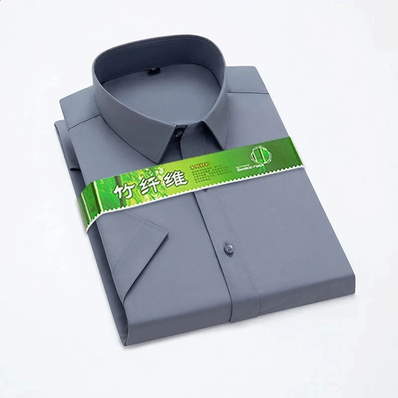 Bamboo fiber elastic mens shirt fashionable and casual business short sleeved top wrinkle resistant and iron free solid color formal shirt S-6XL 25041