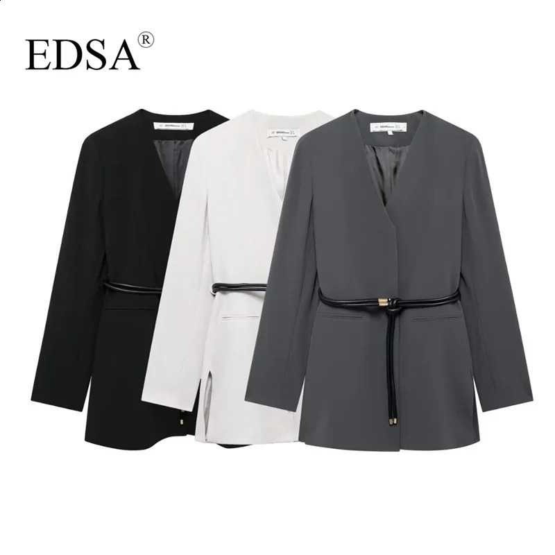 EDSA Womens Belt Jacket Long Sleeve Shoulder Pads Vneck Office Coat 250407