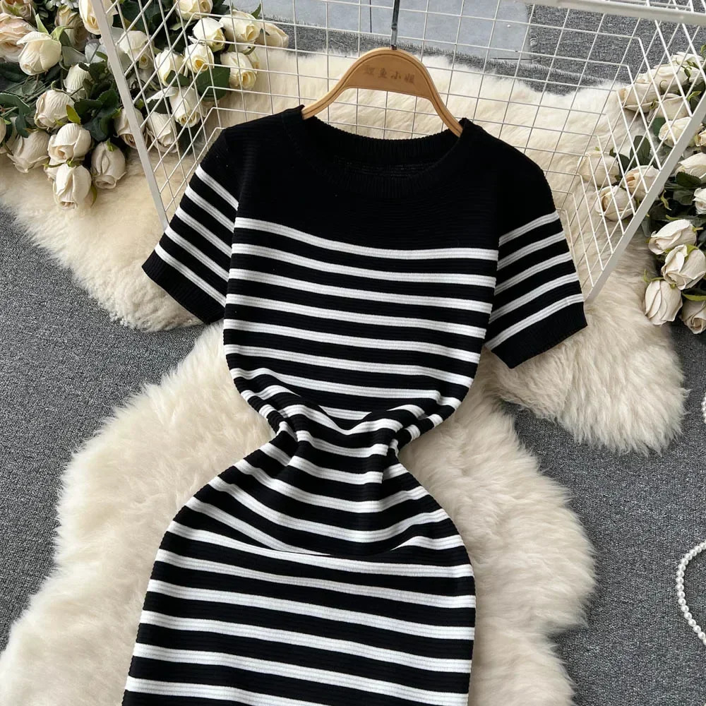 Summer striped beach knit dress Oneck short sleeved fashionable sweetheart ultrathin sun skirt streetwear Y2K Bodycon Midi 250411