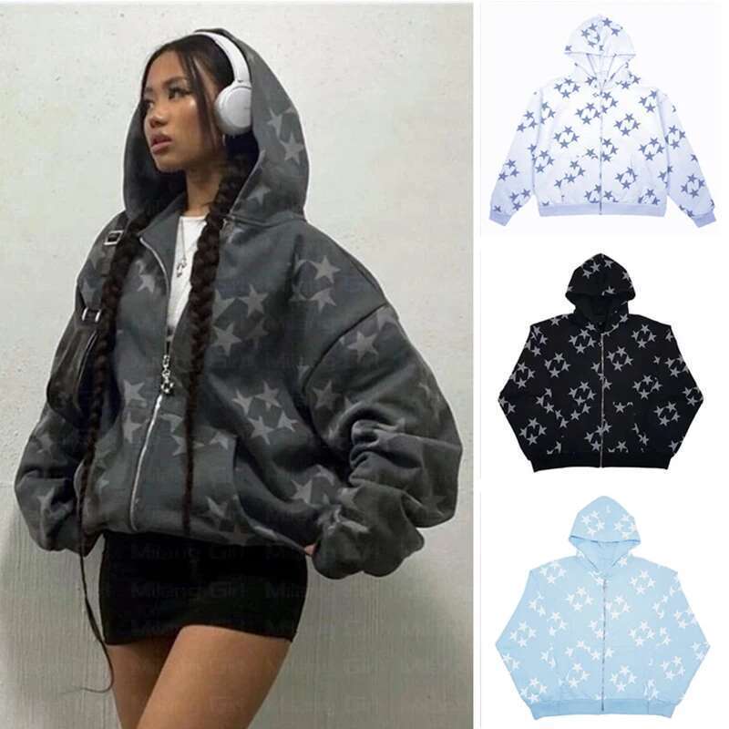 Y2k Hoodies Women Haruku Star Print Loose Sweatshirt Trousers Hip Hop Punk Long Sleeve Pocket Men Tops Sweatpant Streetwear