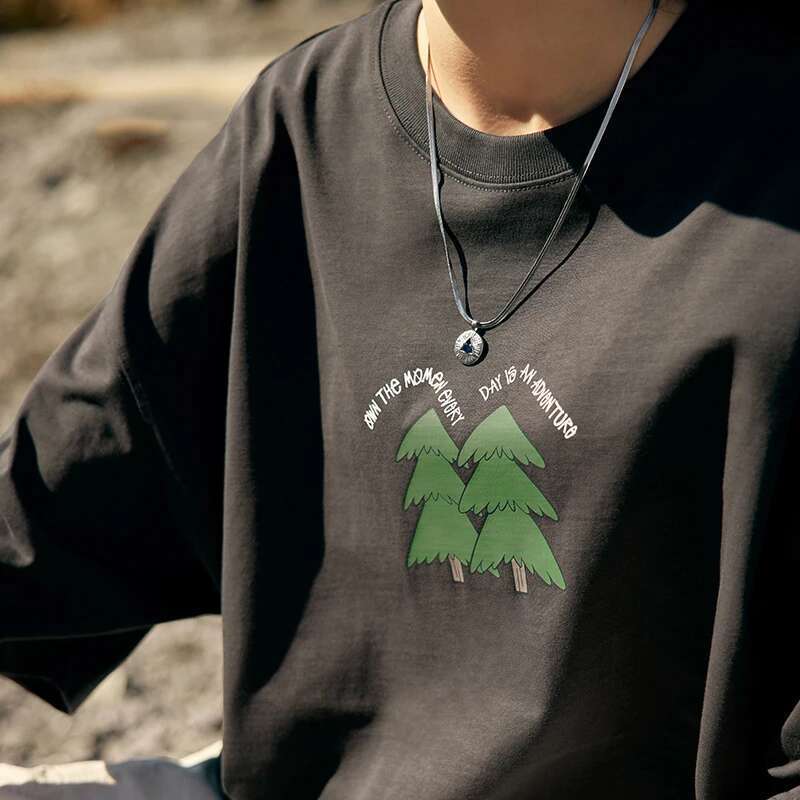 265G Pine Tree Puff Print T-Shirt Heavyweight Oversize Casual Pure Cotton Short Sleeve Unisex