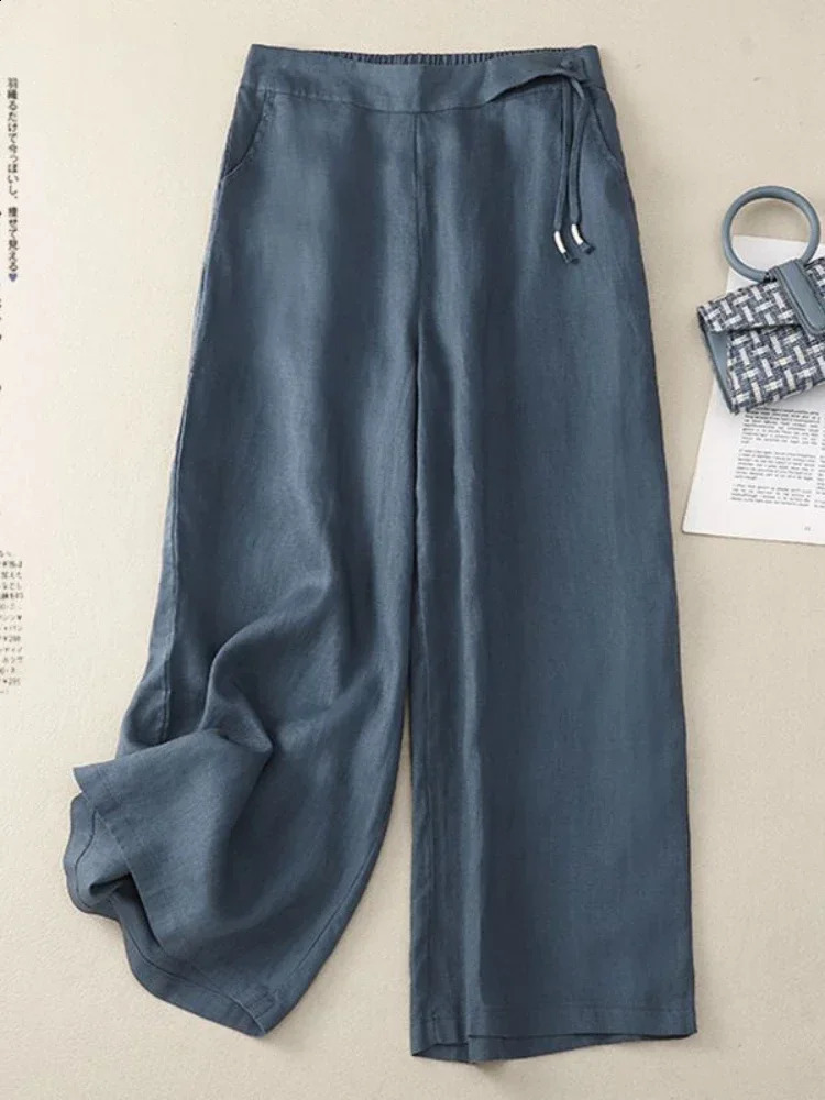 Retro Art Summer Wide Leg Pants Womens Elastic High Waist Cotton and Linen Casual Pants Loose Straight Yellow Womens Pants 250408