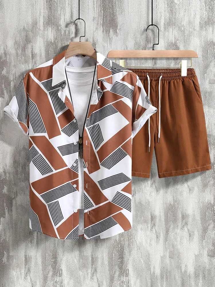 Summer mens casual short sleeved beach pants set Hawaii mens fashionable beach shirt vacation mens sports shortsXJ250412