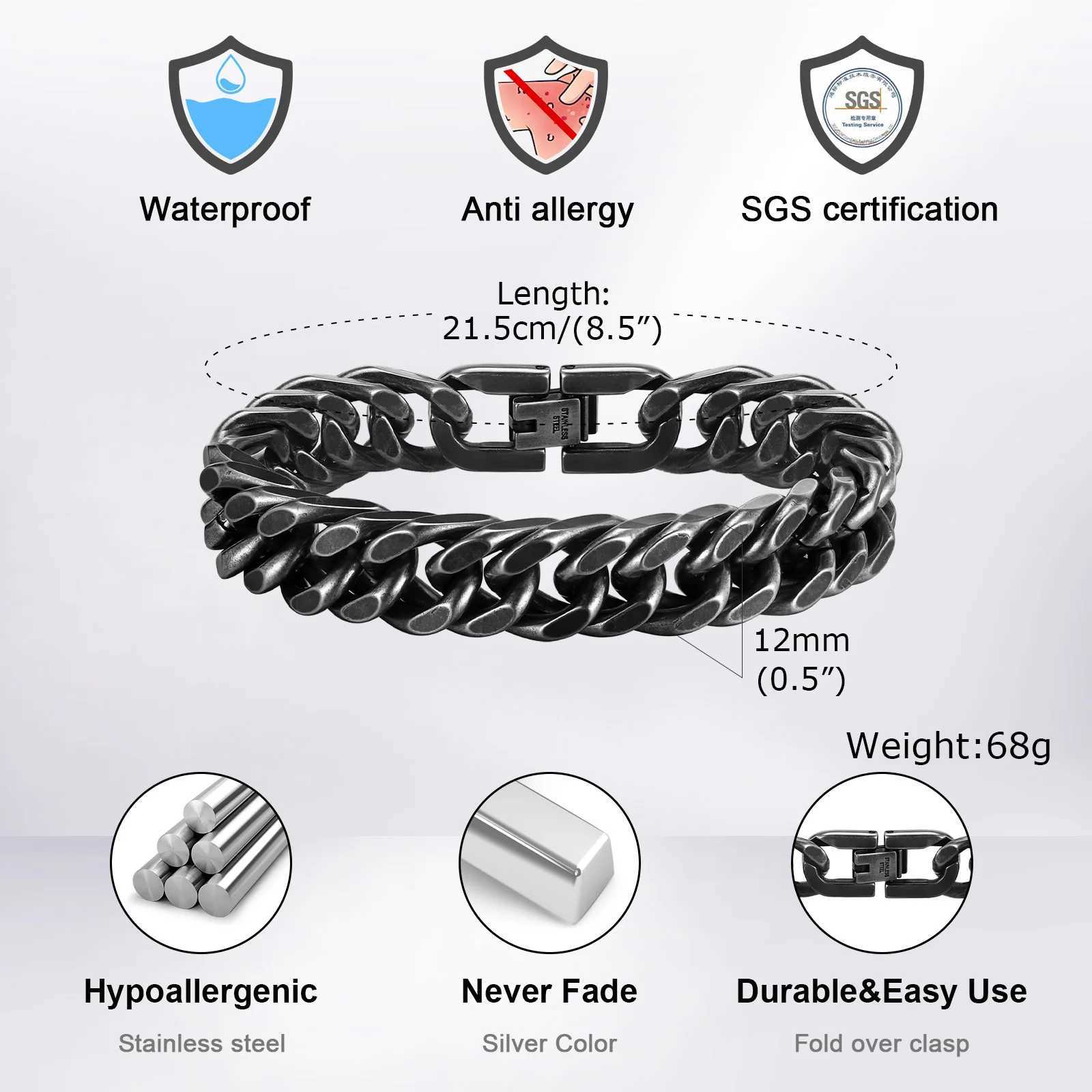 Chunky Retro Cuban Chain Bracelets for Men BoysGrey Stainless Steel Curb Chain Link WristbandVintage Cool Punk Jewelry GiftsC250411