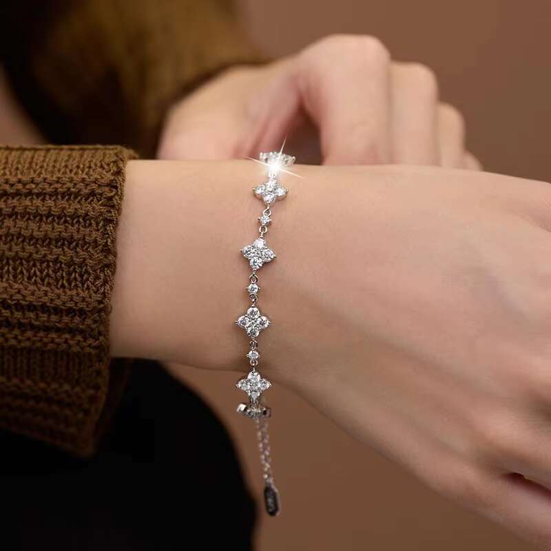 Adodo Factory Womens S925 Sterling Silver Moissanite Adjustable Bracelet with Four-leaf Clover Elegant Bangle Jewelry