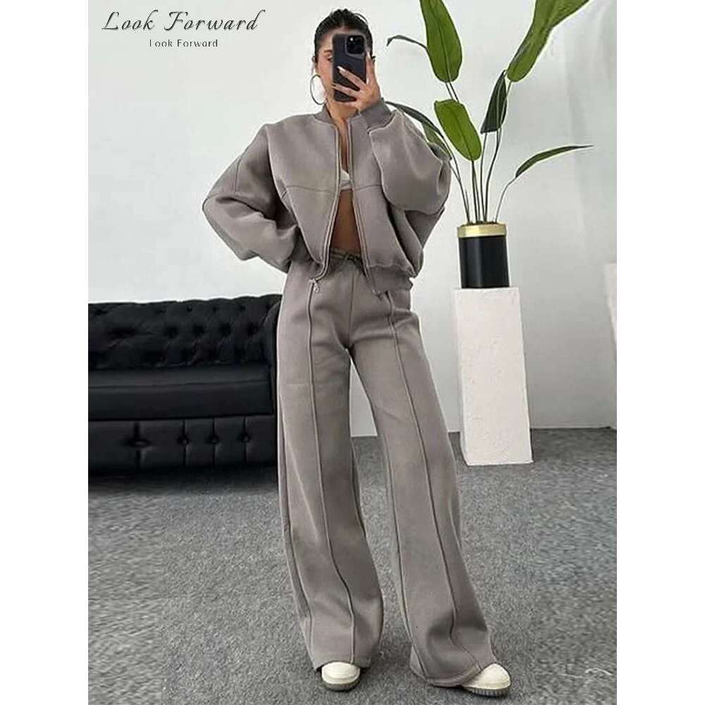 Designer Clothes Casual Sweatshirt Pants Set Women Spring Autumn Zippers O-Neck Jacket Loose Lace-Up Elastic Waist Trousers Suits Lady Solid