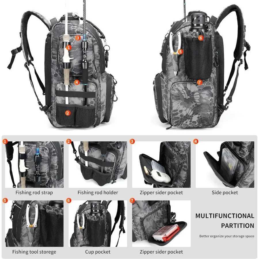 Rabjen Fishing Tackle Backpack with Rod Holders Bottle Holder Storage Bag Store Fishing Gear Z250411