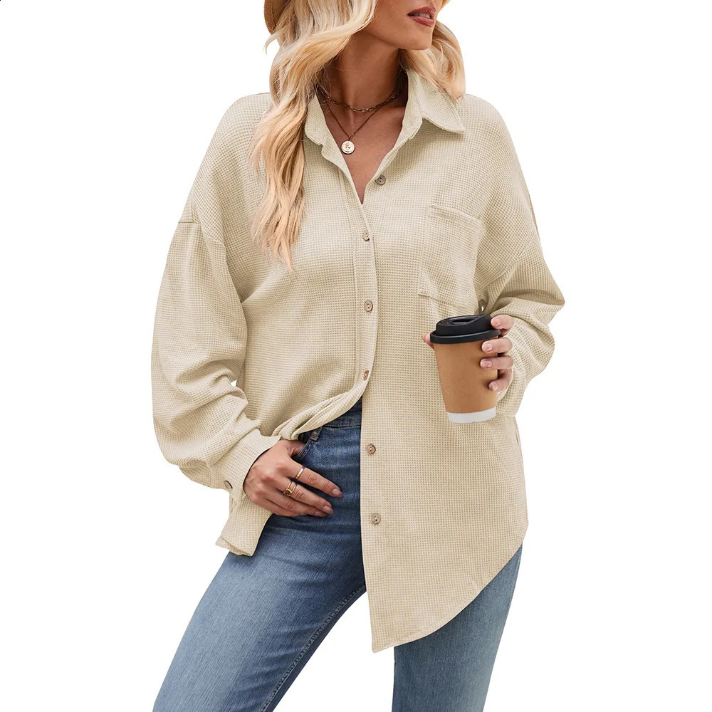 Spring Autumn Women Blouses Casual Loose Pocket Waffle Long Sleeve Shirt Female Casual Loose Overshirt Oversized Tops 250411
