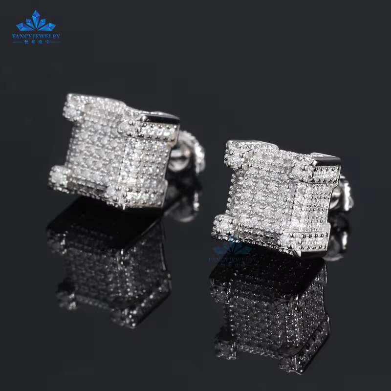 Hip Hop Jewelry Cluster Earrings Silver Earrings Stud Iced Out Round Brilliant Cut VVS Moissanite Screw Back Earring