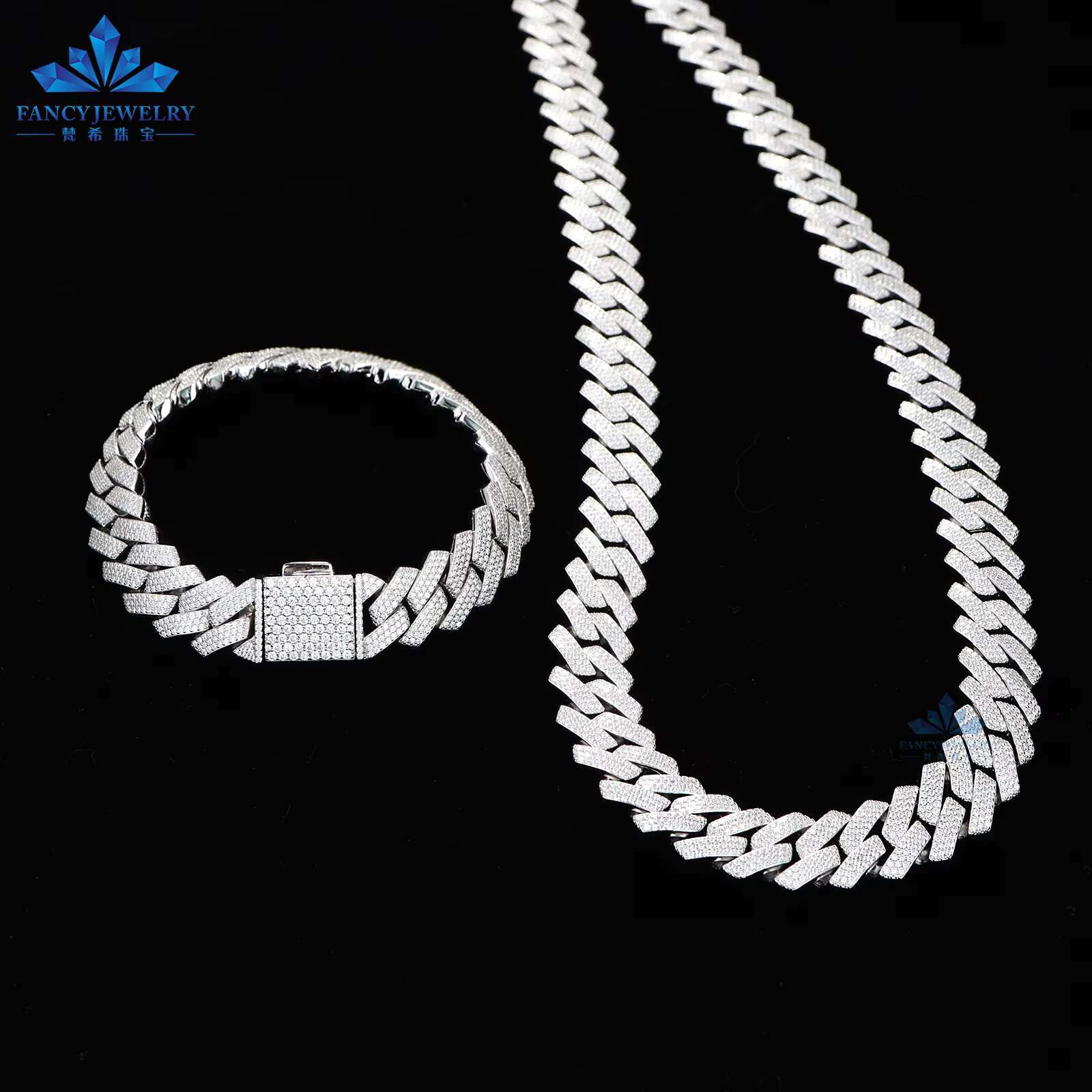High Quality Moissanite Hip Hop Jewelry 15mm 3 Row Cuban Link Chain 925 Silver Iced Out Cuban Bracelet Necklace with GRA