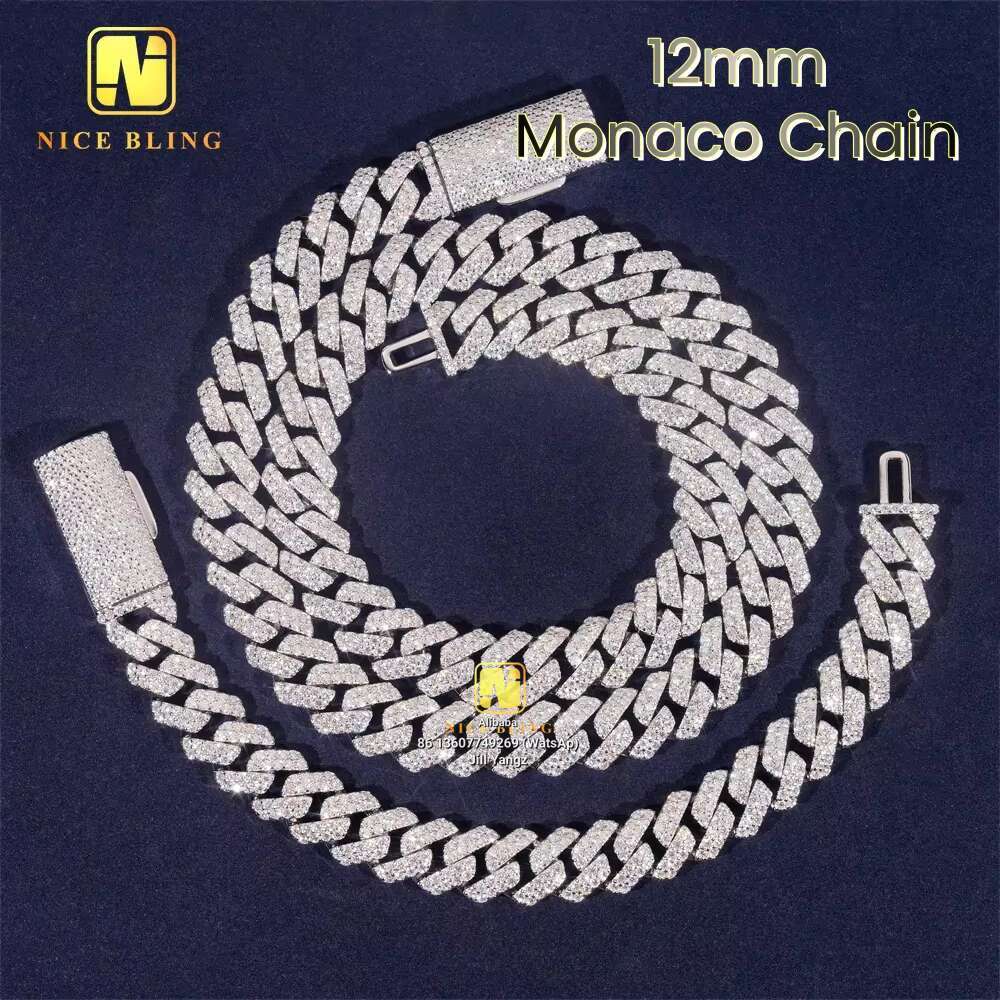 Ready made 12mm Monaco Soldier Moissanite Bracelet Necklace Hip Hop Jewelry Cuban Chain
