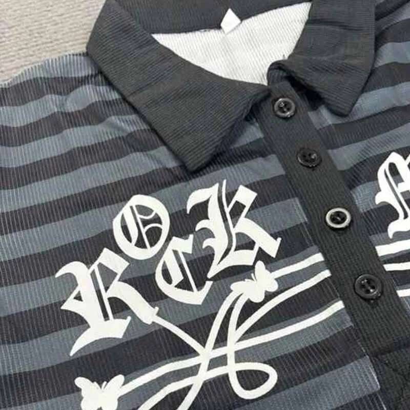 Goth Print Tops Stripe Cute Y2k T-Shirts Dark Academia Techwear Button Up V Neck Half Sleeve Sweat Shirts Fairy Grunge Tees EMO