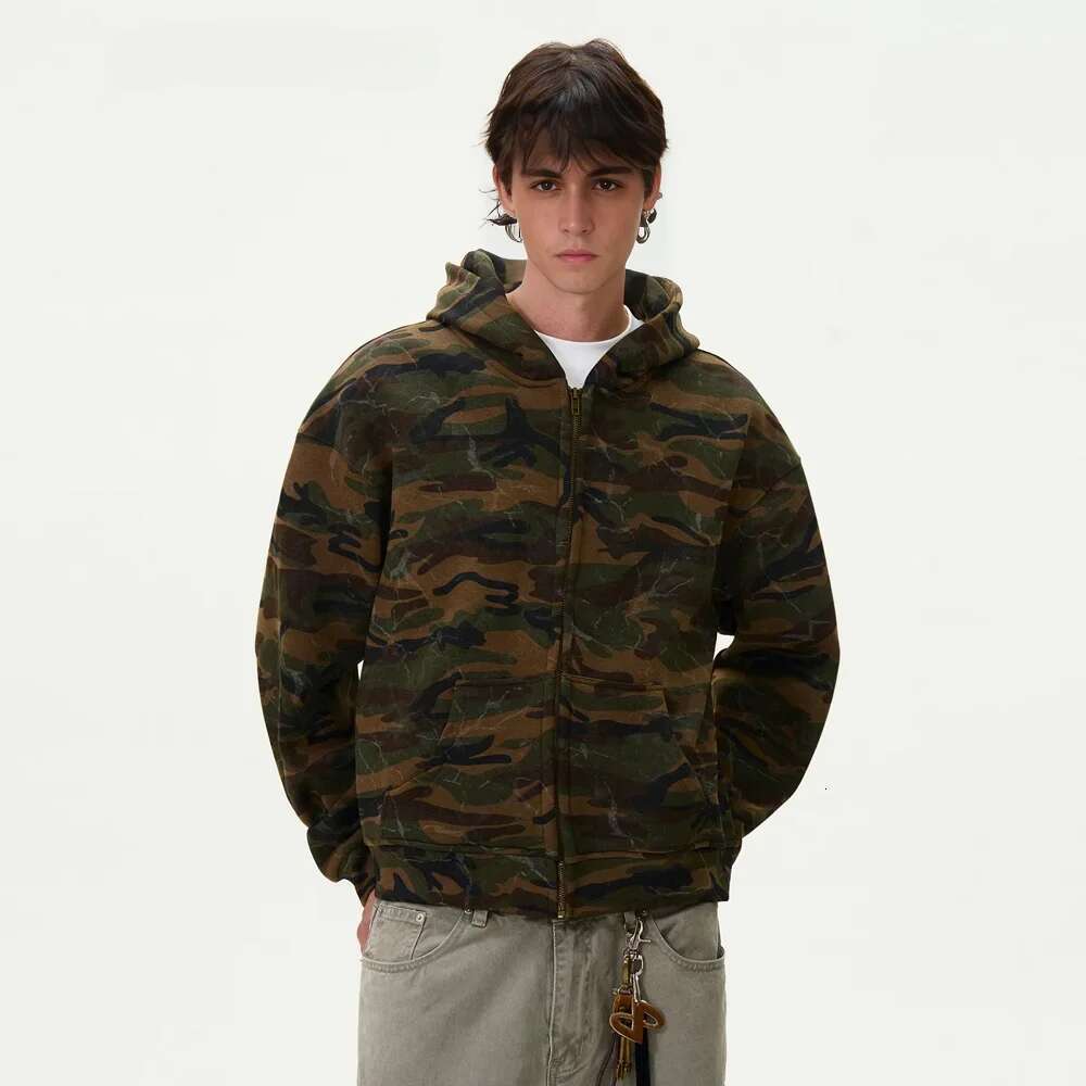 Vintage Corrugated Washed Camouflage Hooded Jacket Haruku Streetwear Zip Up Hoodies