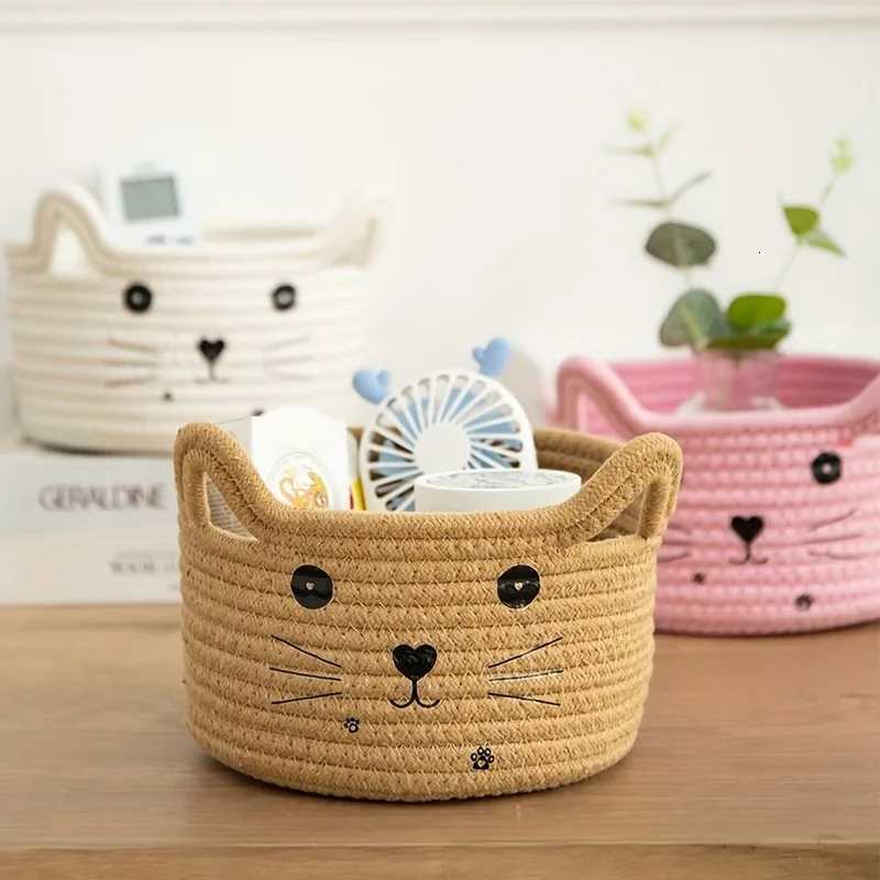 Cat Face Woven Cotton Storage Basket Toys Clothes s Pet Supplies Organizer Storage Living Ro Bedro He Organization Y251112